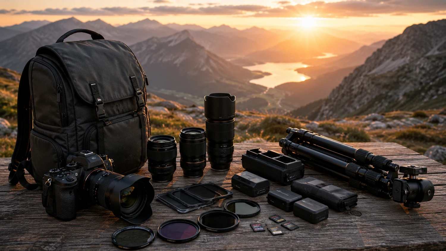 Accessoires photo professionnels présentés sur une table en extérieur