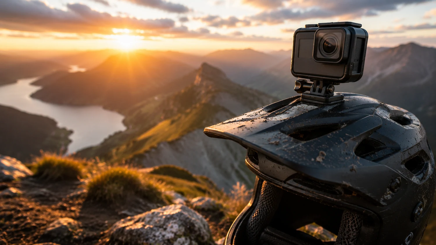 Caméra d'action sur casque face à un paysage d'aventure