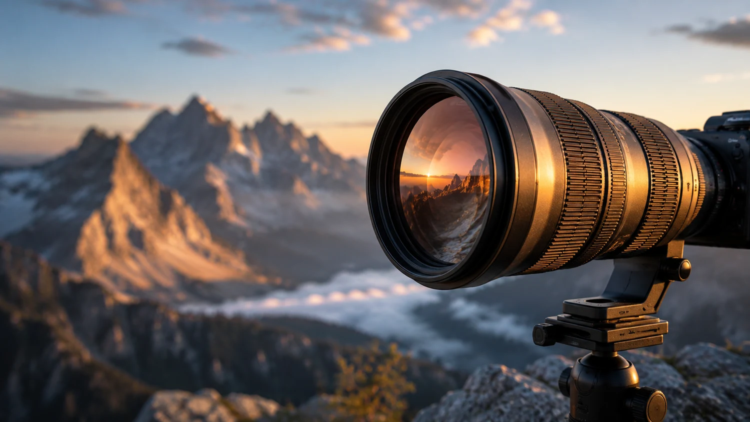 Téléobjectif professionnel observant un paysage montagneux