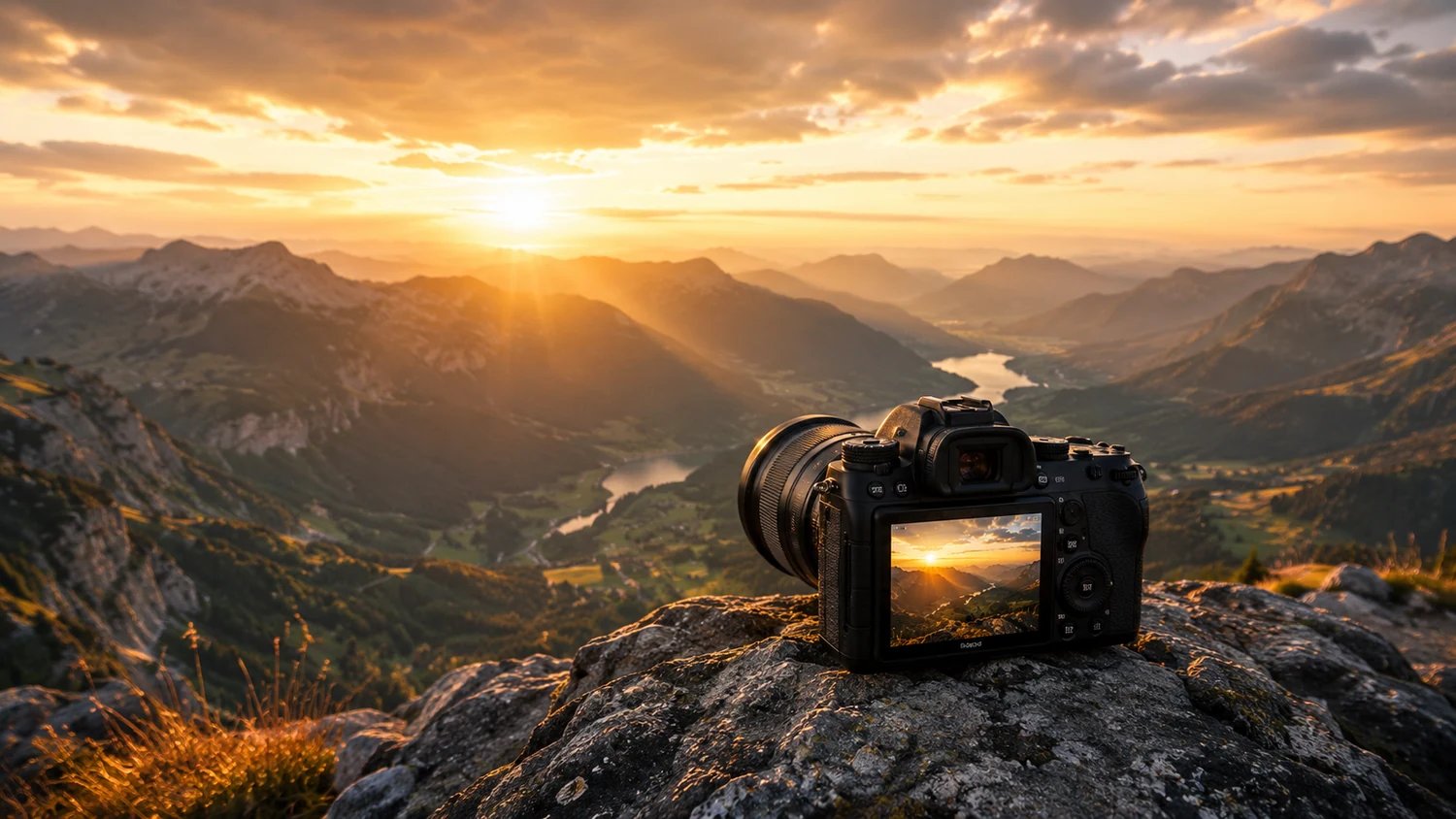 Appareil photo professionnel au lever du soleil