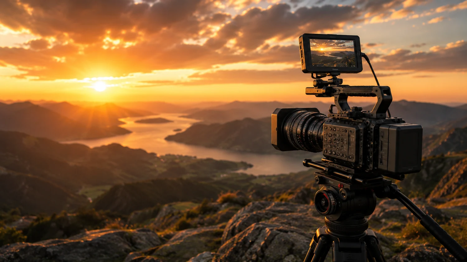 Caméra vidéo professionnelle face à un paysage de montagne