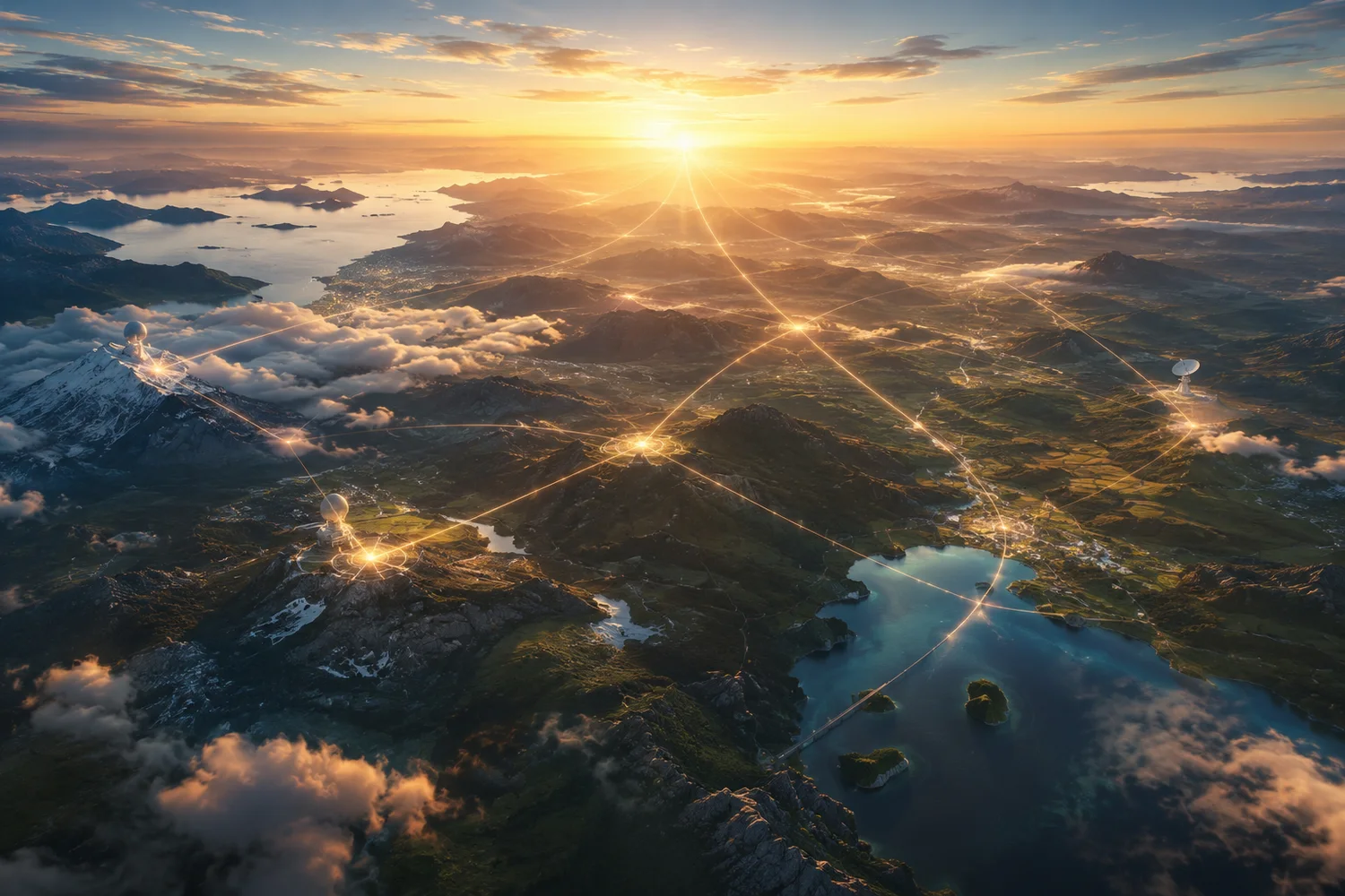 Paysage aérien au lever du soleil relié par des lignes lumineuses, symbole de l'exploration technologique Senkōra
